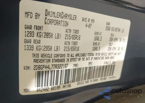 2007 Dodge Grand Caravan Sxt z USA, uszkodzony, nr VIN 2D8GP44L77R322187